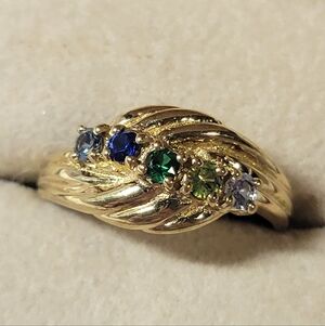 Gold Tone Multistone Wave Ring with Blue and Green Gems